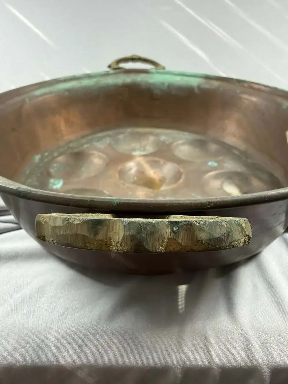 Vintage Turkish Copper 7-Well Egg Poacher Pan Ornate Brass Handles Patina